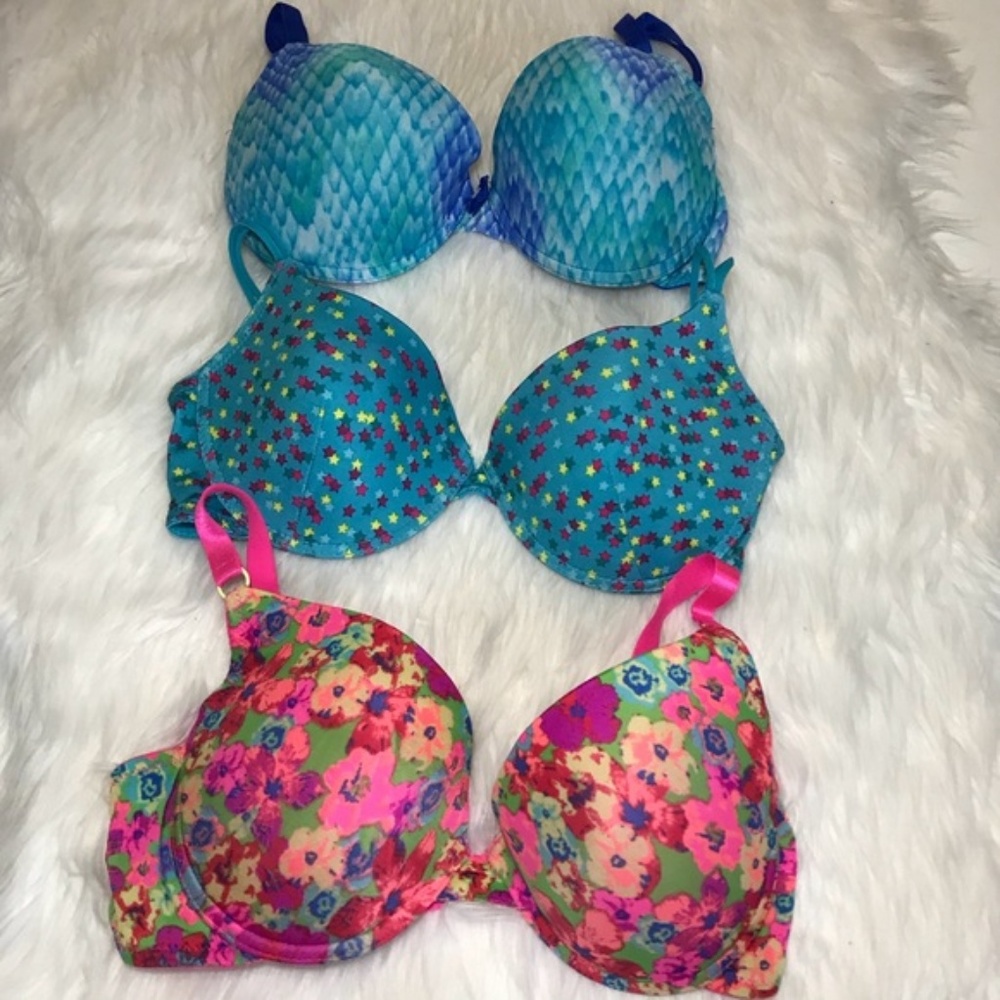3 Lined Bra Bundle 38C Stars Floral Blue Pink